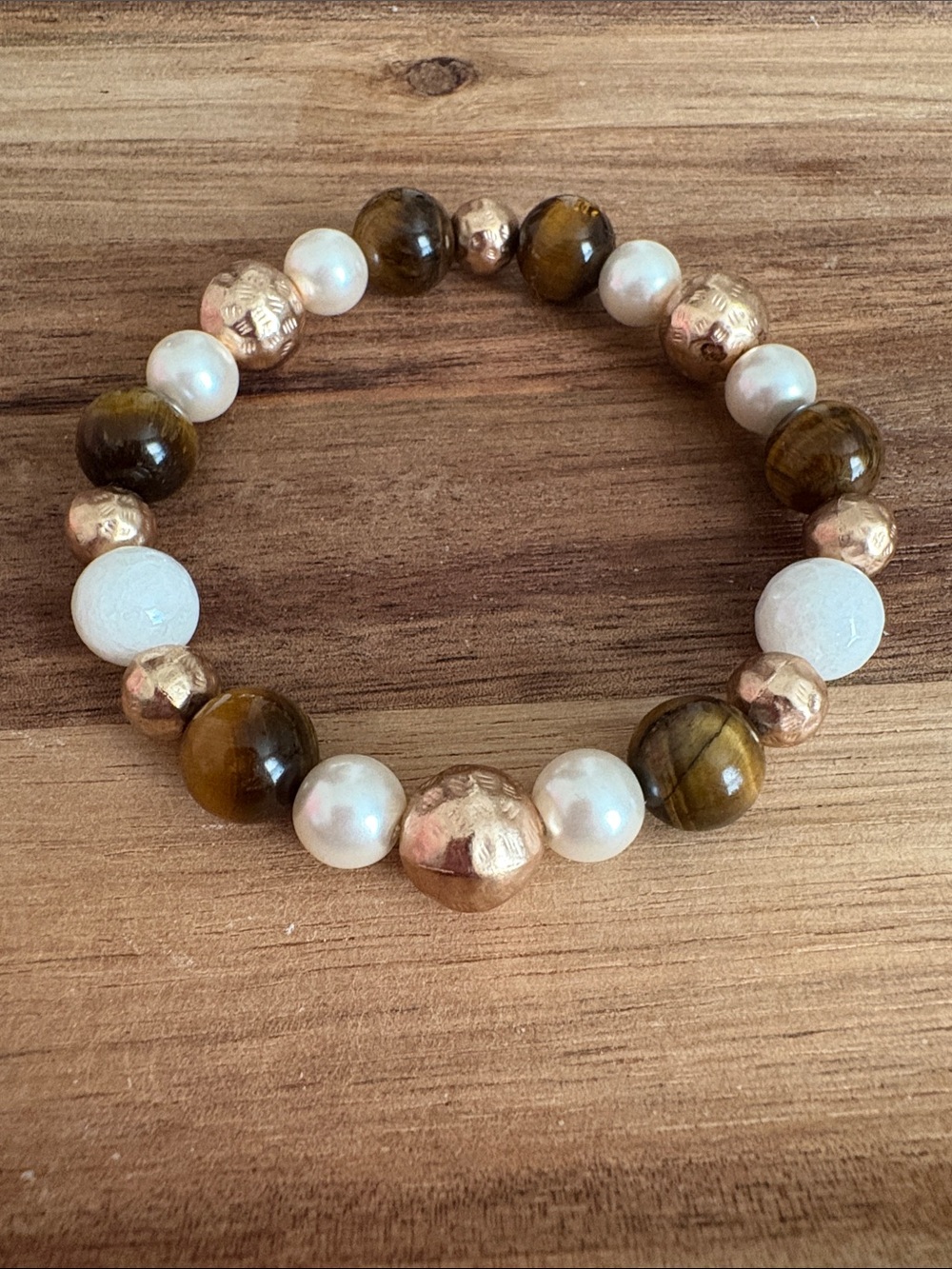 Handmade Pearl, Tiger Eye and Gold Bead Stretch Bracelet